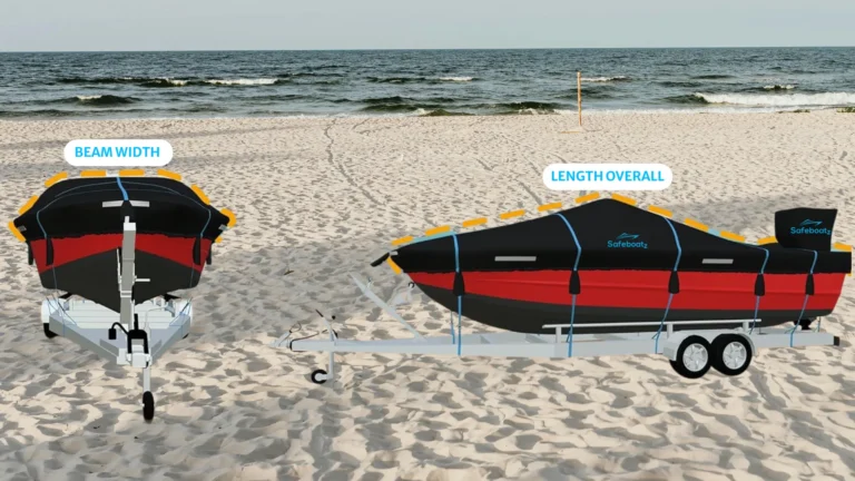 Diagram showing how to measure boat beam width and centerline length for boat cover sizing