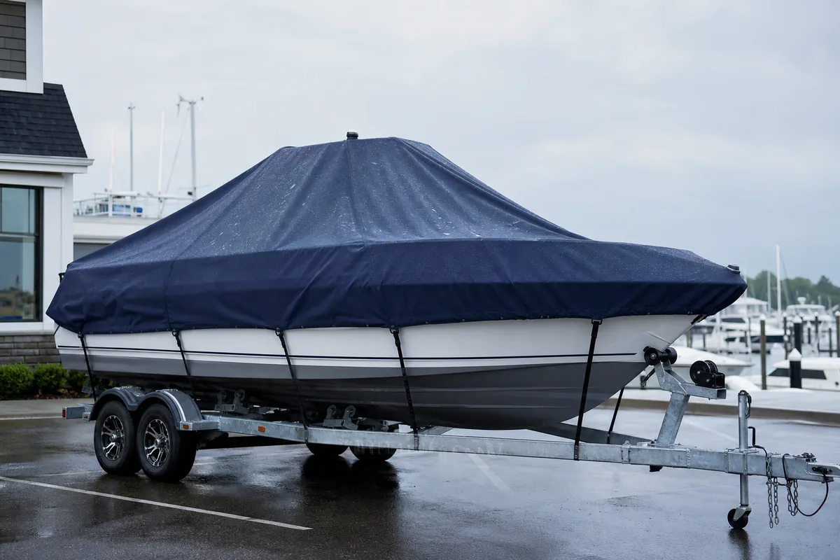 Covered trailerable boat with navy marine cover for 900D vs 1200D boat cover guide