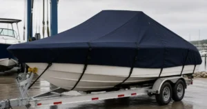 Covered trailered boat with support straps creating a sloped ridge line to reduce water pooling