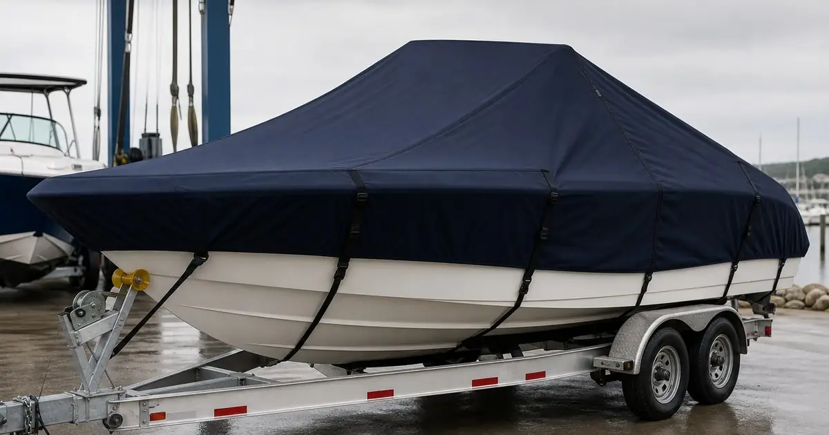 Covered trailered boat with support straps creating a sloped ridge line to reduce water pooling