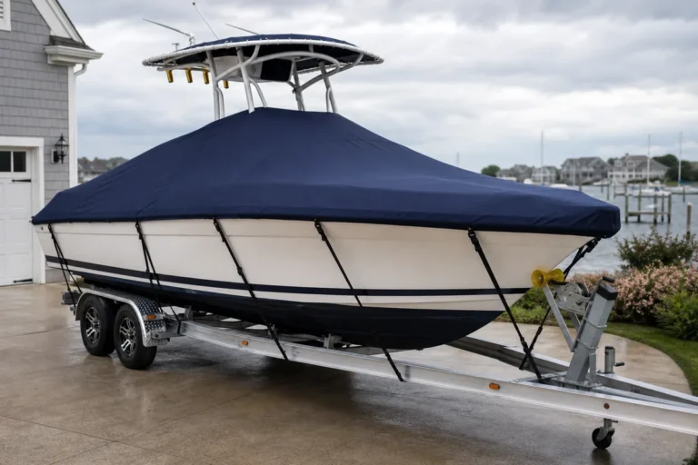 Boat cover straps routed on a trailerable boat to reduce movement and chafing