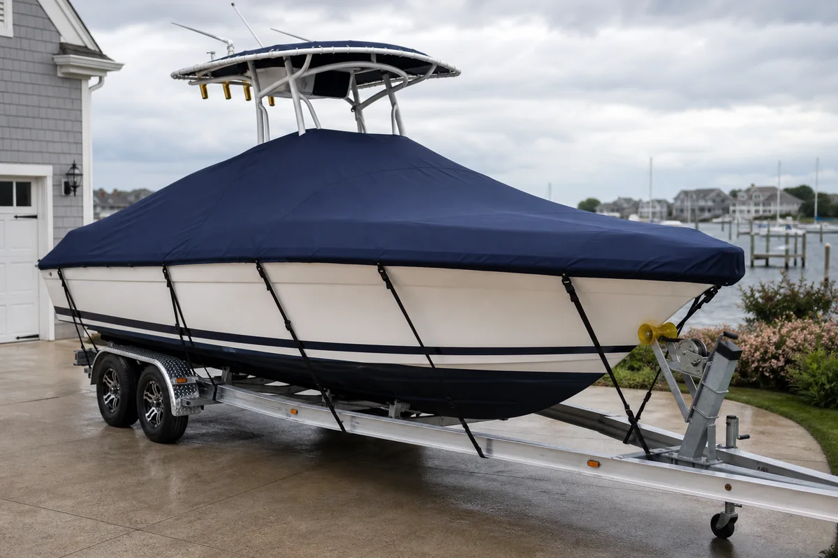 Boat cover straps routed on a trailerable boat to reduce movement and chafing