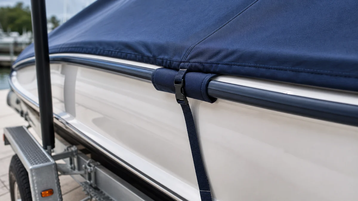 Close-up of a navy boat cover edge and strap near a white gelcoat hull to reduce chafing