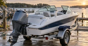 Trailerable boat rinsed with fresh water and drying before the cover is installed