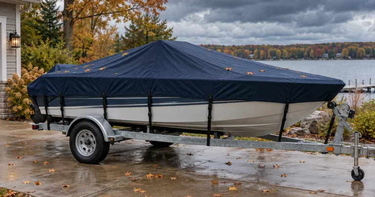 Covered trailerable boat prepared for fall rain with secure straps and leaves on the cover