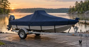 Fishing boat secured on a trailer under a fitted navy cover