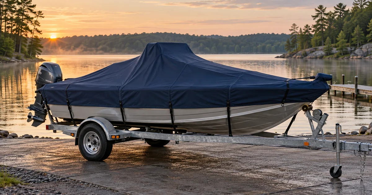 Fishing boat secured on a trailer under a fitted navy cover