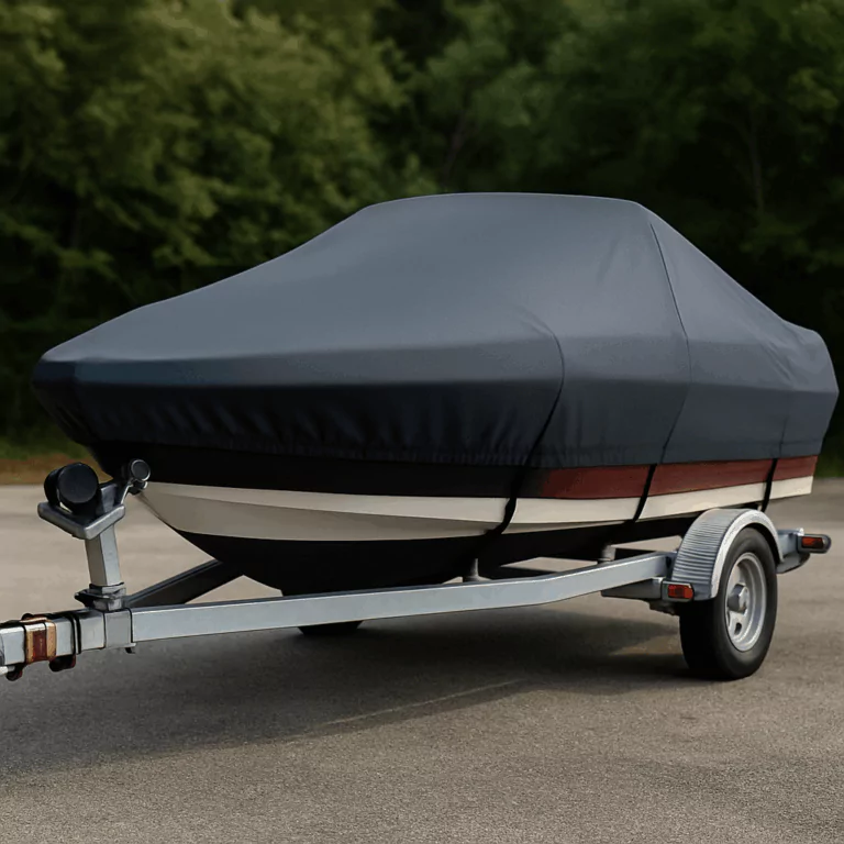 Boat on trailer with snug cover and elastic hem for tight fit