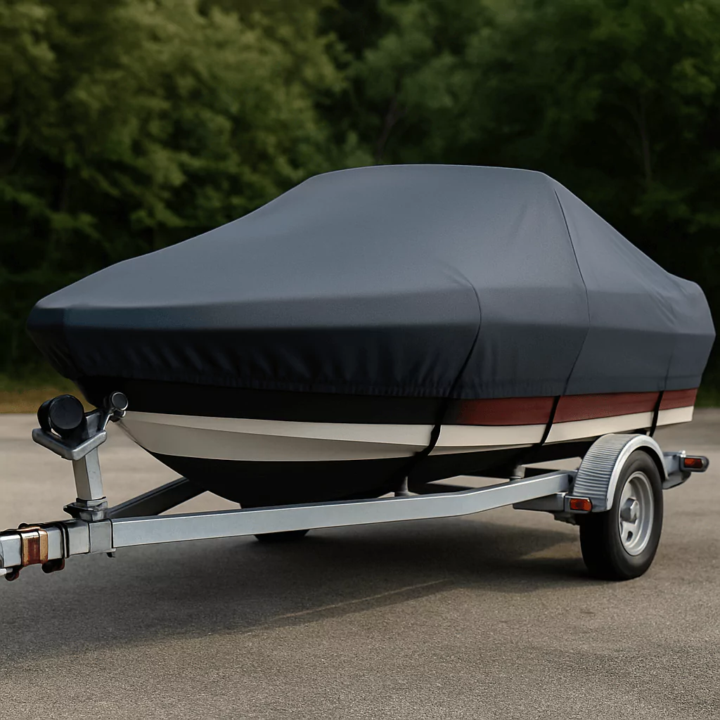 Boat on trailer with snug cover and elastic hem for tight fit
