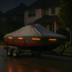Boat cover with reflective safety strips visible at night in the rain