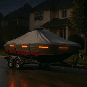Boat cover with reflective safety strips visible at night in the rain