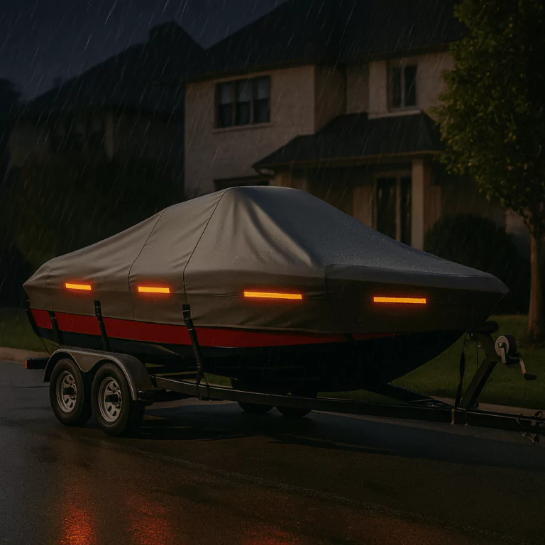 Boat cover with reflective safety strips visible at night in the rain