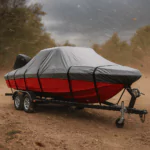 Boat on trailer with cover secured by straps in strong wind