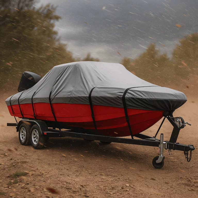 Boat on trailer with cover secured by straps in strong wind