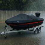 Boat on trailer in rain with cover showing ventilation panel