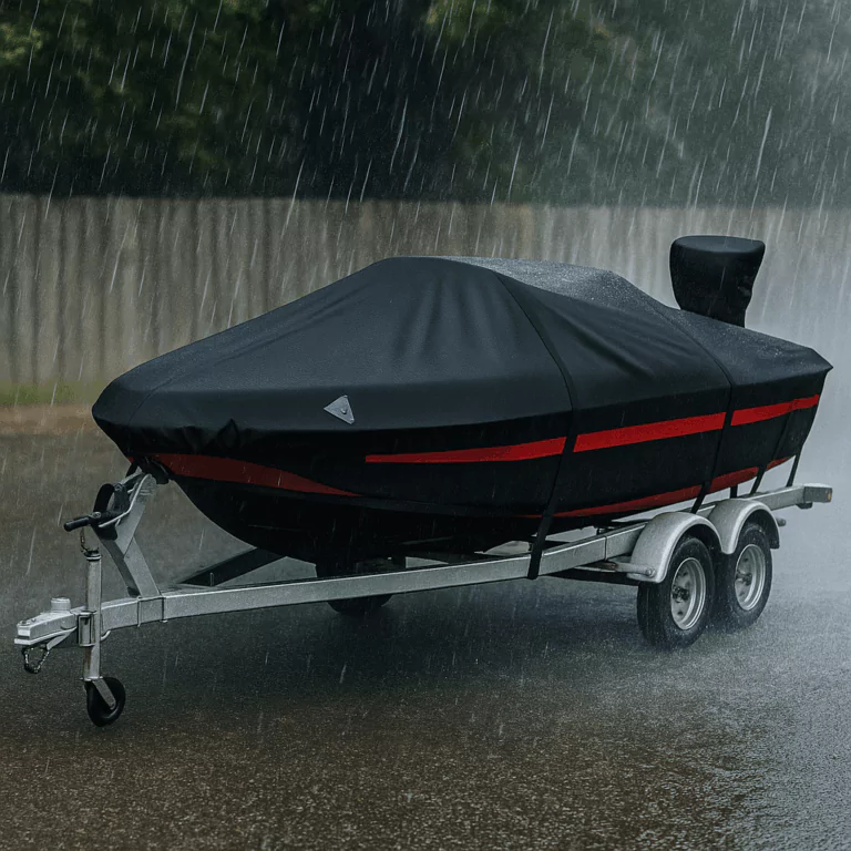 Boat on trailer in rain with cover showing ventilation panel