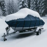Boat stored outdoors in winter under protective cover with heavy snow