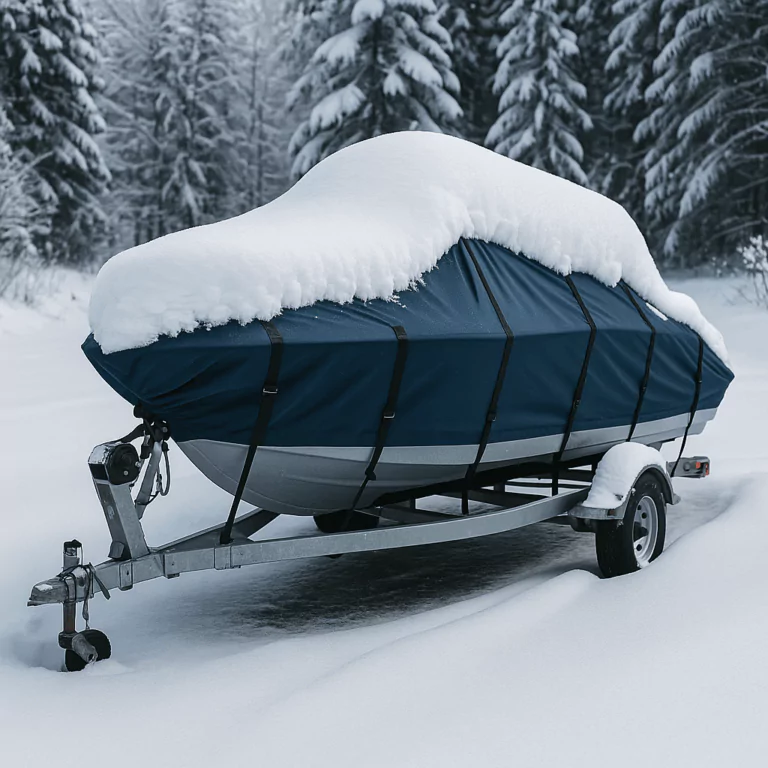 Boat stored outdoors in winter under protective cover with heavy snow