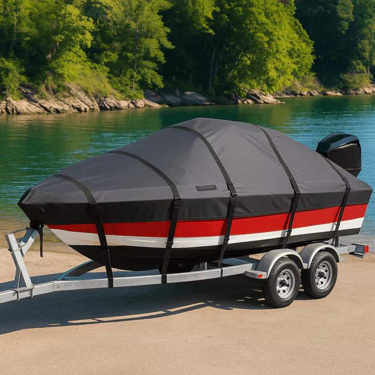 Boat on trailer protected by high-quality cover near lake