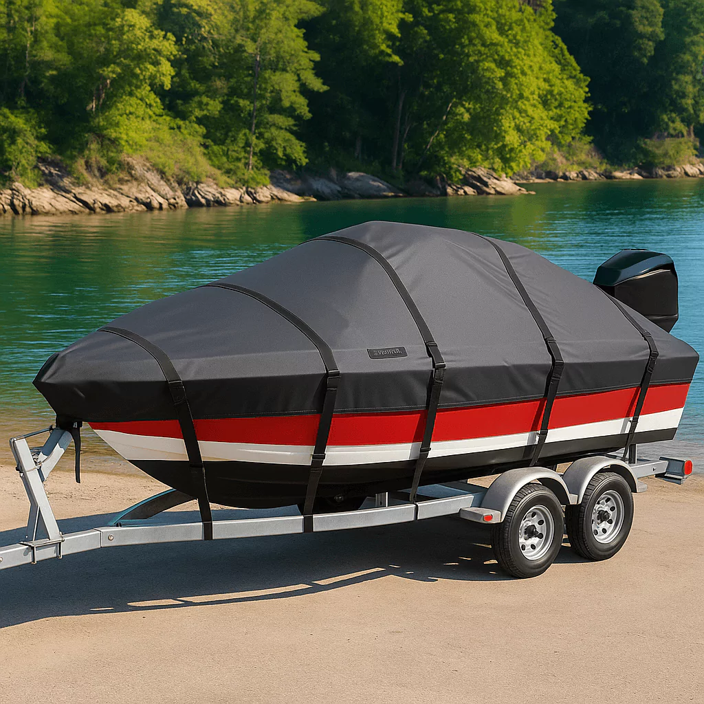 Boat on trailer protected by high-quality cover near lake