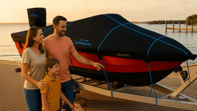 Safeboatz 17–19 ft premium ratchet boat cover waterproof 900D polyester trailerable, family by boat at dock