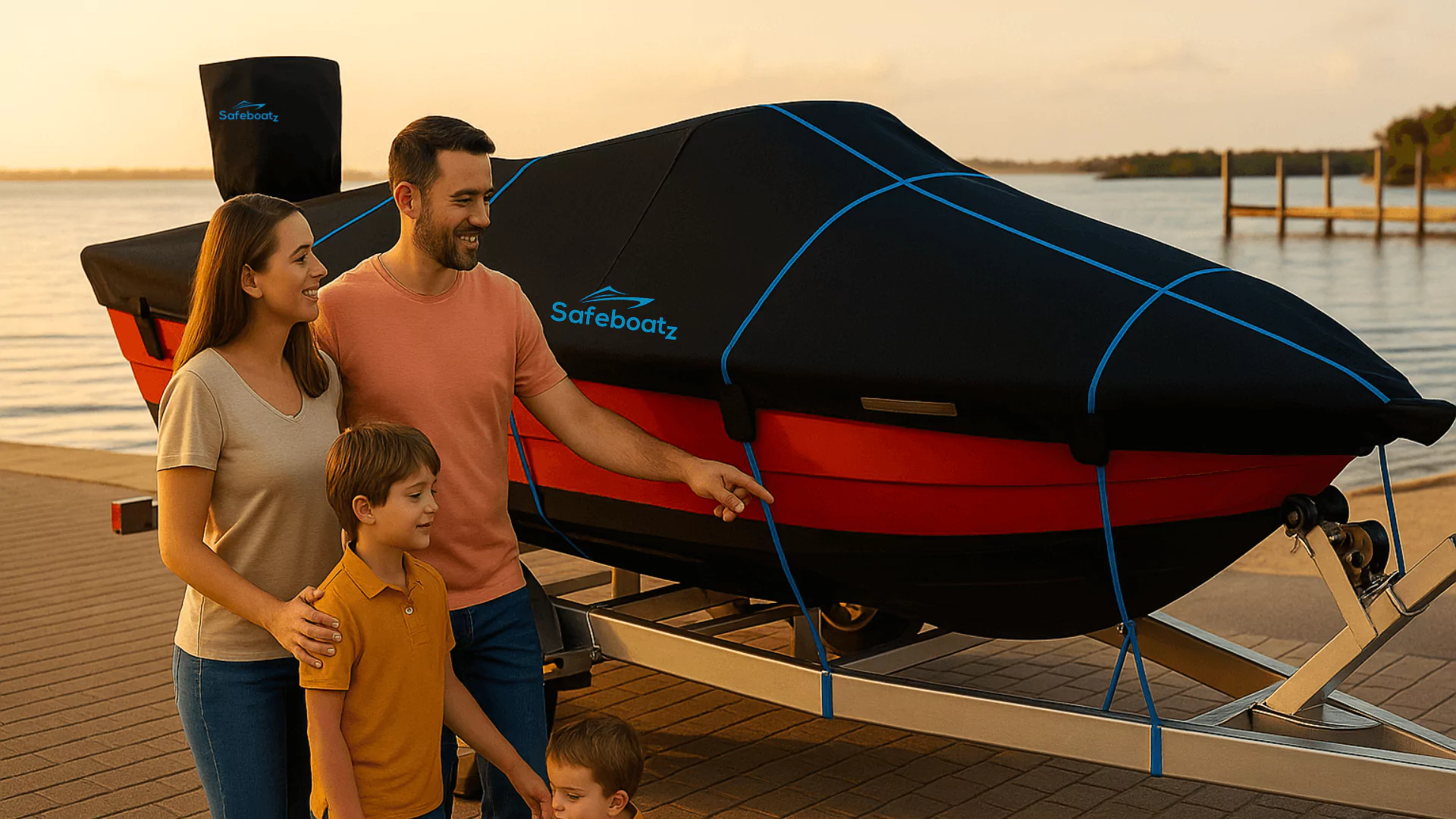 Safeboatz 17–19 ft premium ratchet boat cover waterproof 900D polyester trailerable, family by boat at dock