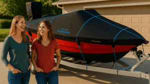 Safeboatz 17–19 ft waterproof ratchet boat cover 900D polyester on trailer, two friends standing by protected boat