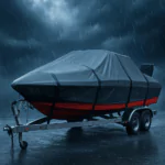 Boat on trailer under heavy rain with waterproof cover