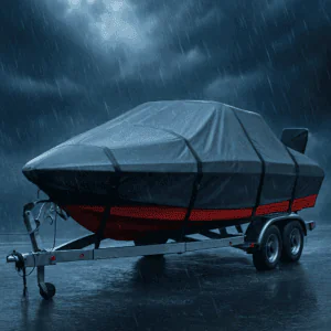 Boat on trailer under heavy rain with waterproof cover