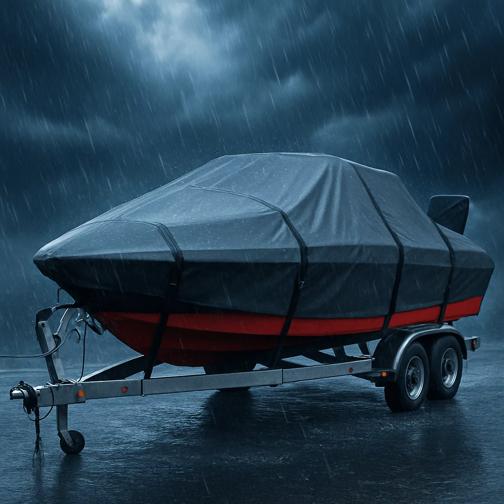 Boat on trailer under heavy rain with waterproof cover