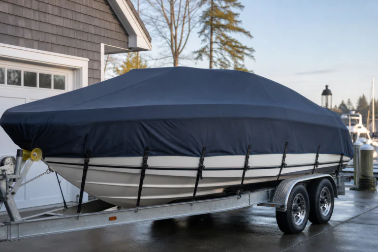 Trailerable boat under a taut navy cover with raised support to help shed rainwater