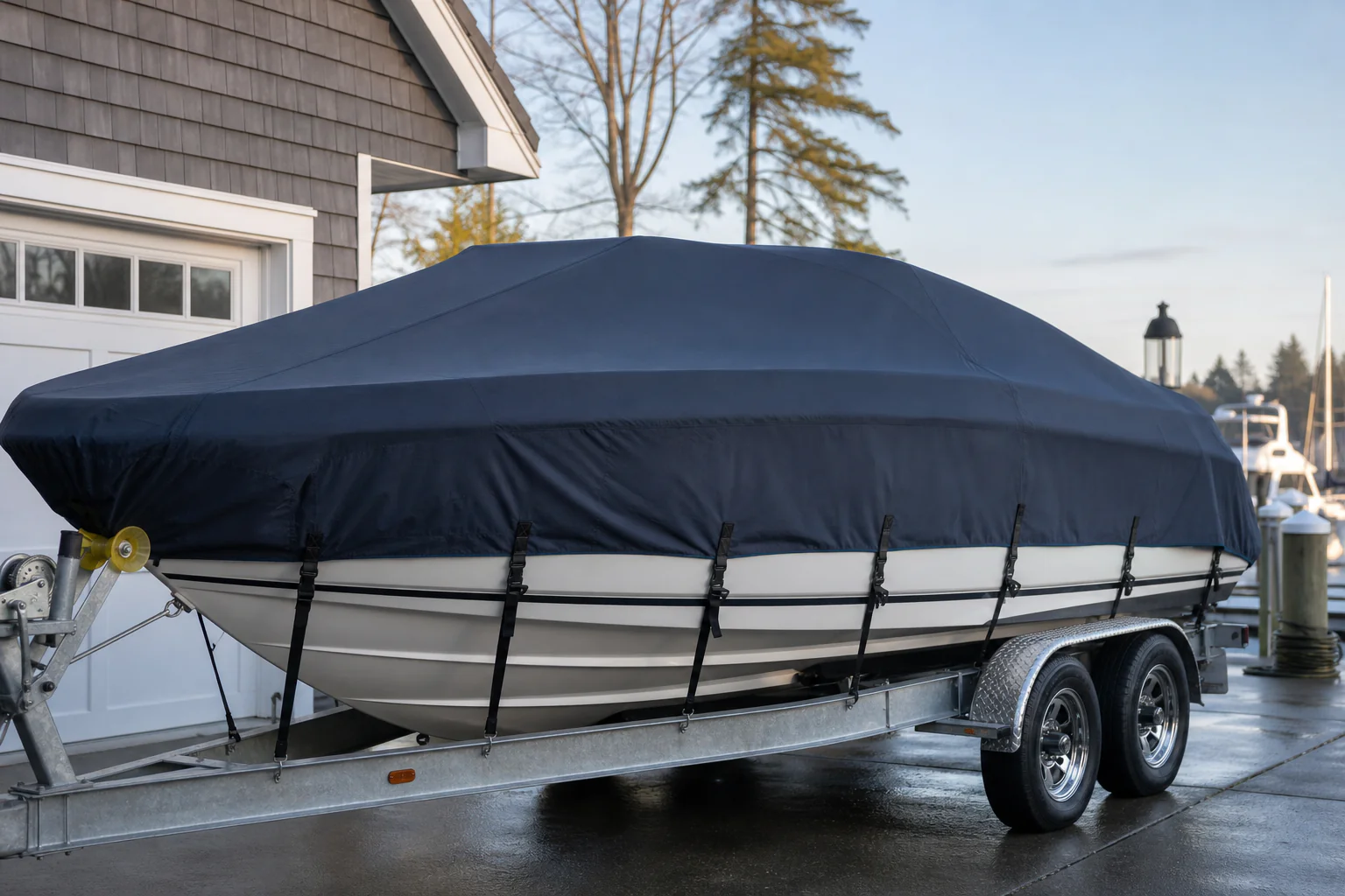 Trailerable boat under a taut navy cover with raised support to help shed rainwater