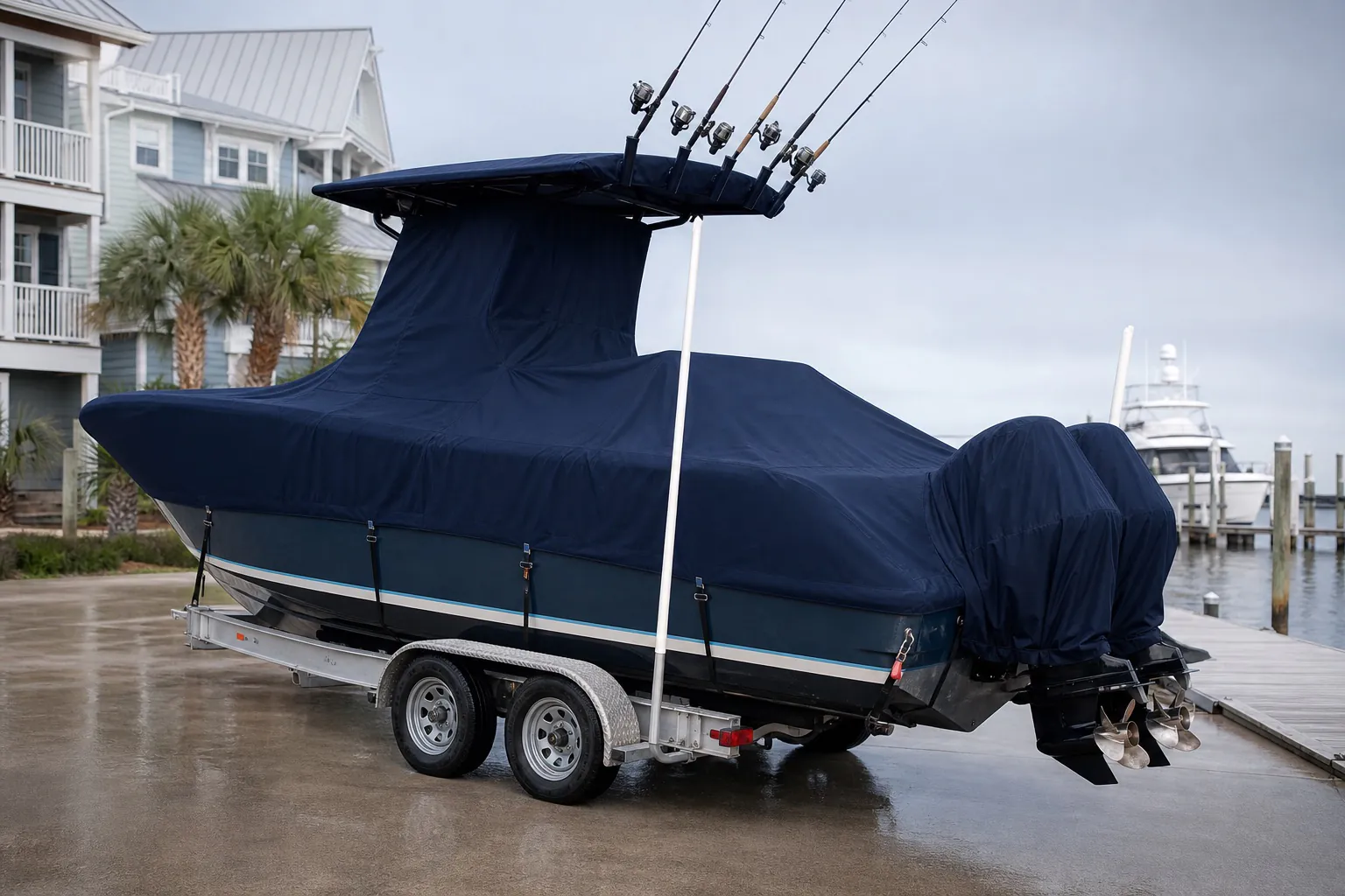 Center console boat with dark navy trailerable cover for Safeboatz fit guide