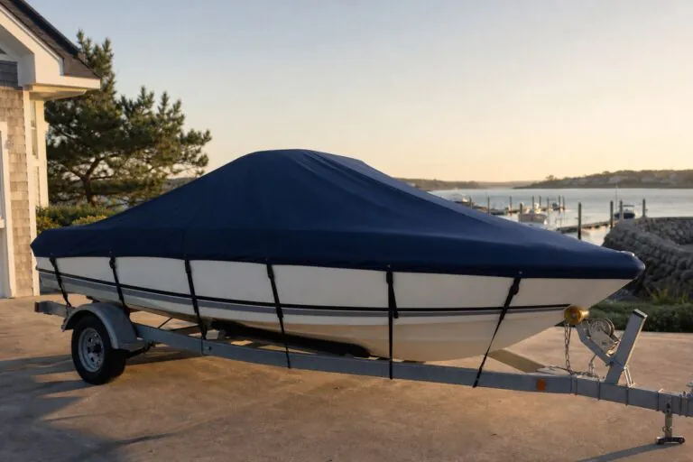 20 ft trailerable boat with a fitted navy boat cover on a trailer