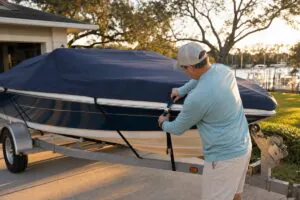 Boat owner securing a navy trailerable boat cover with ratchet straps near a marina.