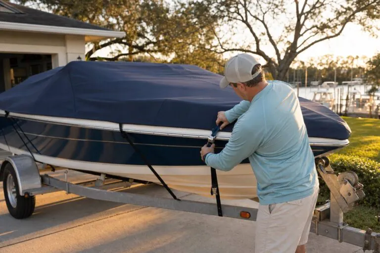 Boat owner securing a navy trailerable boat cover with ratchet straps near a marina.