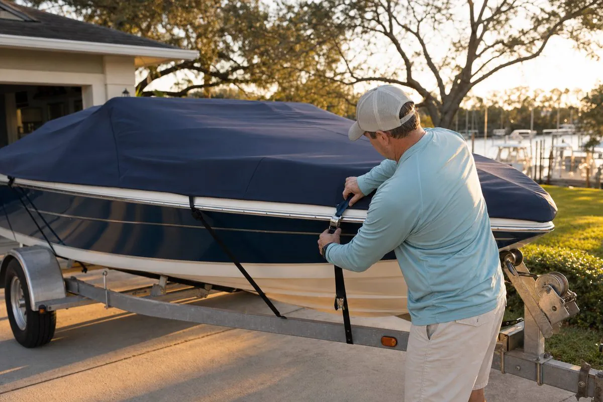 Boat owner securing a navy trailerable boat cover with ratchet straps near a marina.