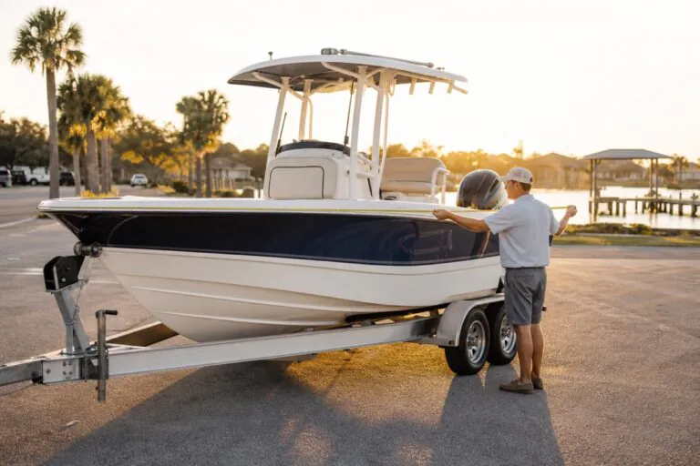 Boat owner measuring a trailerable boat for cover fit