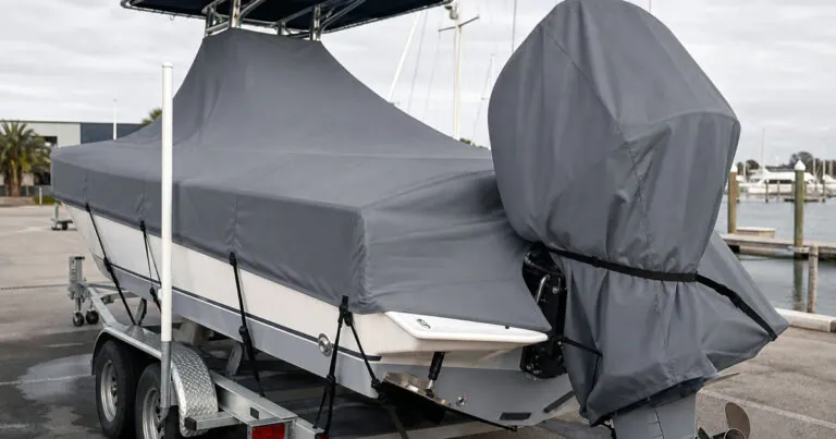 Outboard motor cover on a trailered boat with a fitted main cover