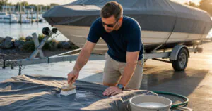 Boat owner cleaning a gray boat cover with mild soap near a covered trailered boat