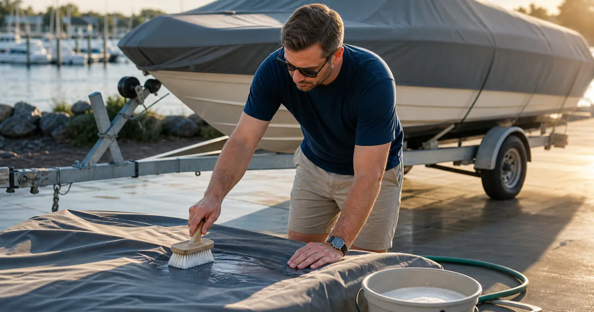 Boat owner cleaning a gray boat cover with mild soap near a covered trailered boat