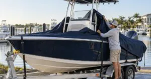 Boat owner measuring a rigid T-top above a covered center-console boat