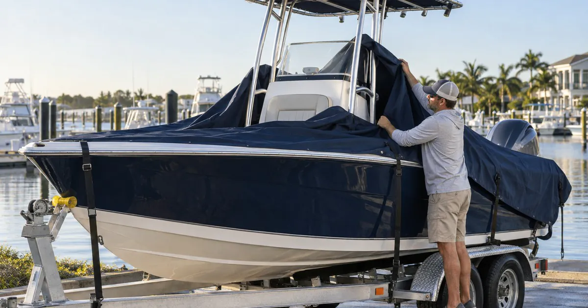 Boat owner measuring a rigid T-top above a covered center-console boat