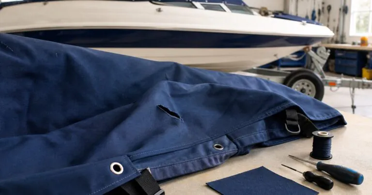 Damaged navy boat cover being assessed for repair in a marine workshop