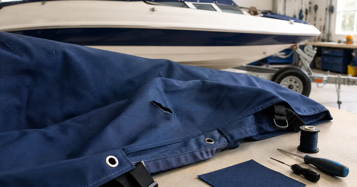 Damaged navy boat cover being assessed for repair in a marine workshop