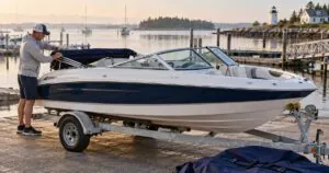 Boat owner folding a bimini top on a trailerable bowrider before installing the boat cover