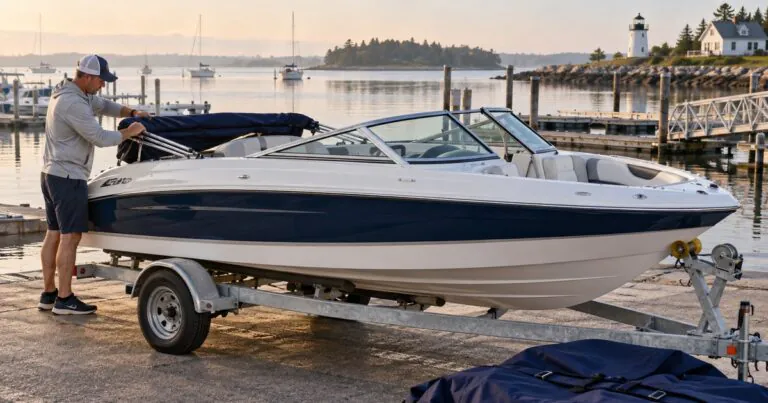 Boat owner folding a bimini top on a trailerable bowrider before installing the boat cover