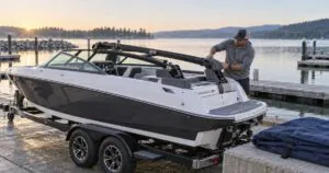 Boat owner padding a folded wakeboard tower before installing a boat cover