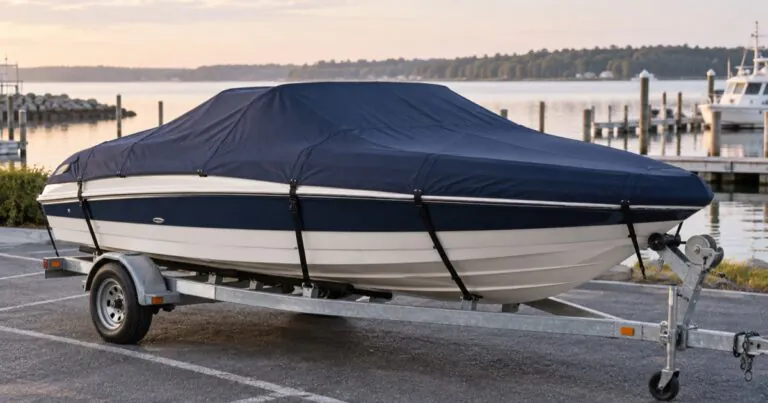 Bowrider secured on a trailer under a fitted navy boat cover