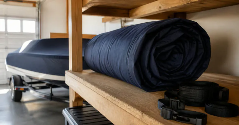 Clean dark marine boat cover loosely rolled on an elevated shelf with straps organized nearby